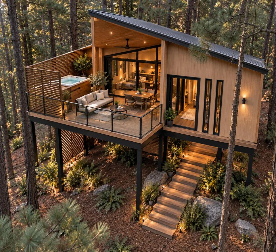 Cabaña contemporánea sobre pilotes, rodeada de bosque.