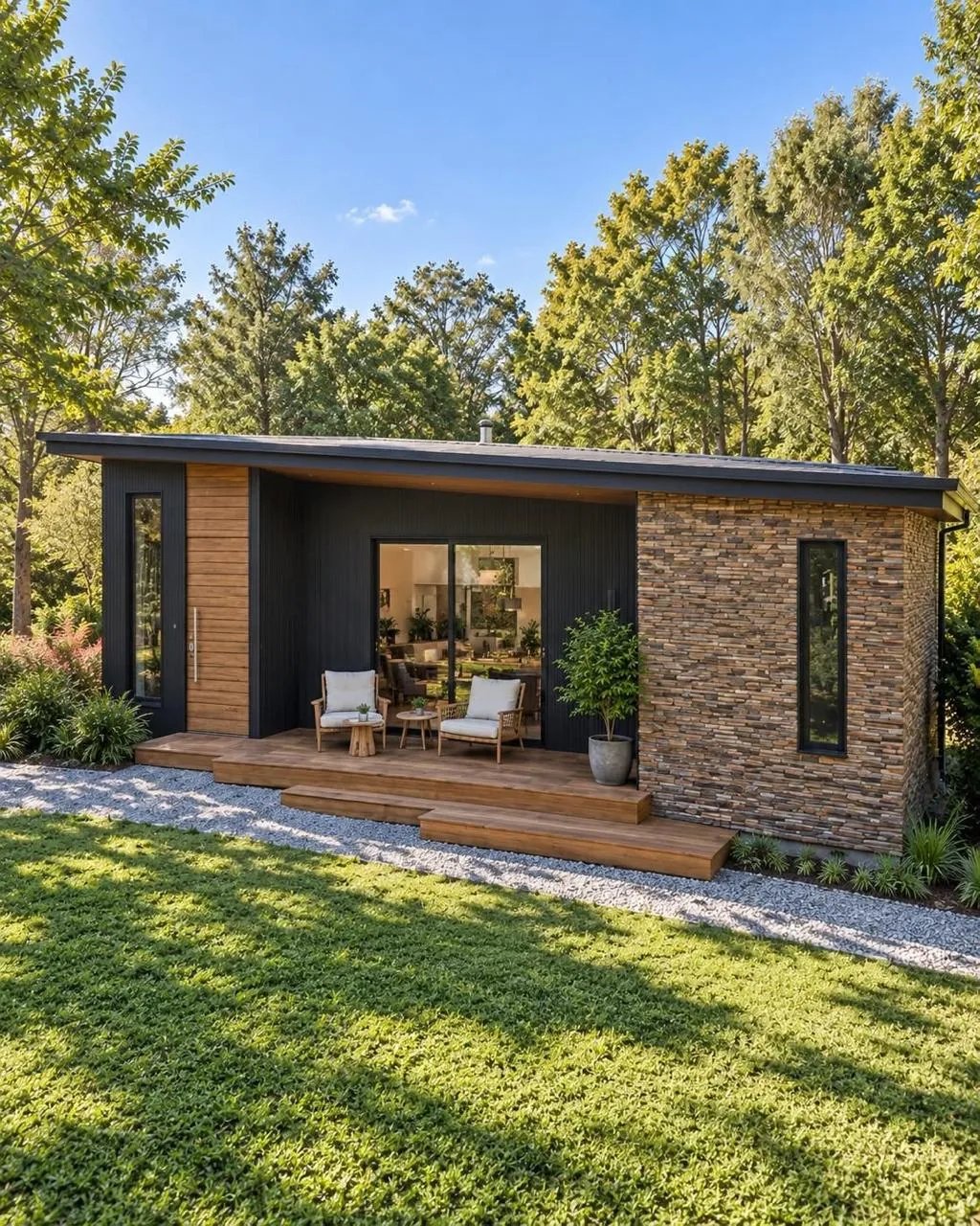 Casa de campo de volumetría sencilla con acabado en piedra, cubierta inclinada y jardín.