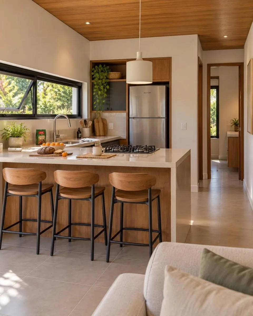 Cocina luminosa con isla y barra de desayuno.