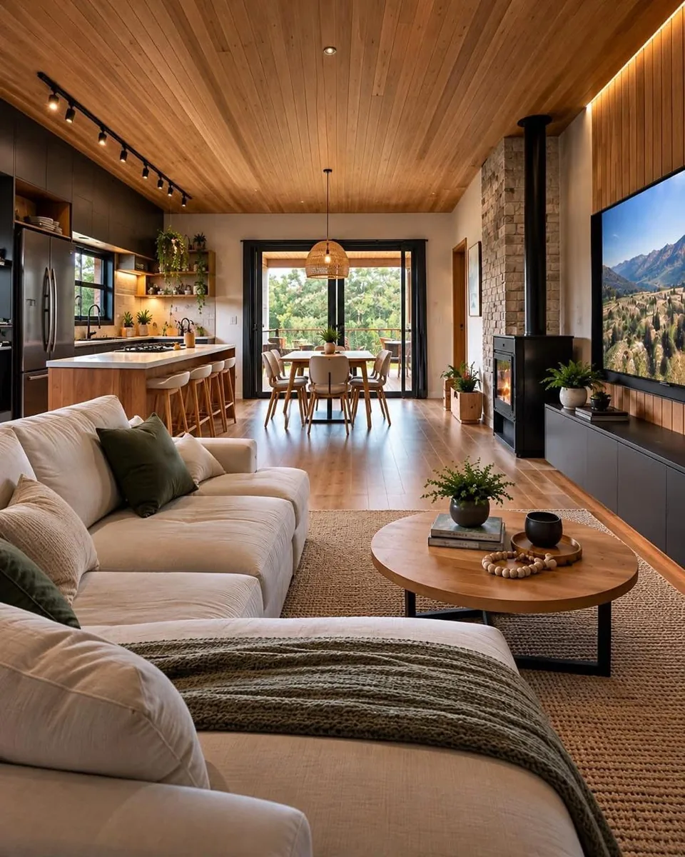 Sala de estar con techo y muros de madera, ventanales amplios y sillones claros.
