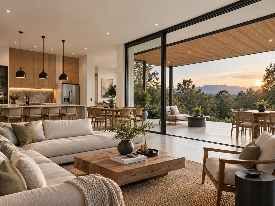 Interior de una residencia con muros claros y grandes canceles abiertos hacia una terraza y el paisaje.