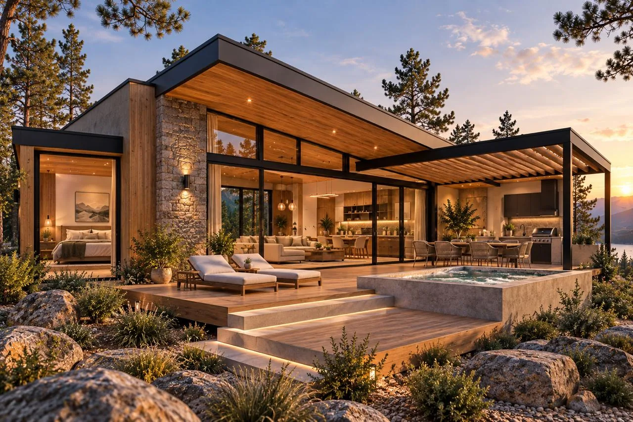 Casa de una planta con alberca, terraza y camastro exterior, terminada en madera y piedra.