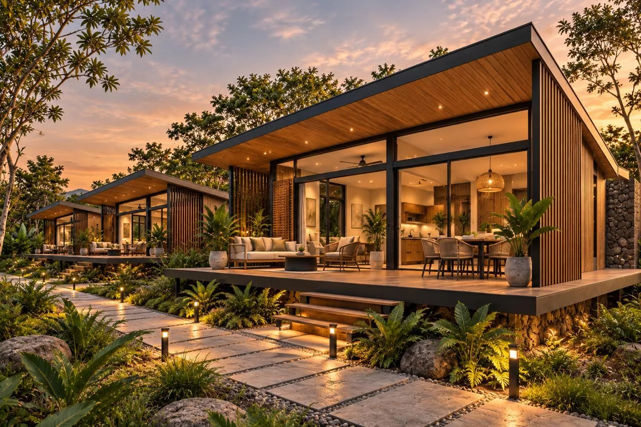 Vivienda contemporánea de una planta con jardín frontal y camino de losas de piedra.