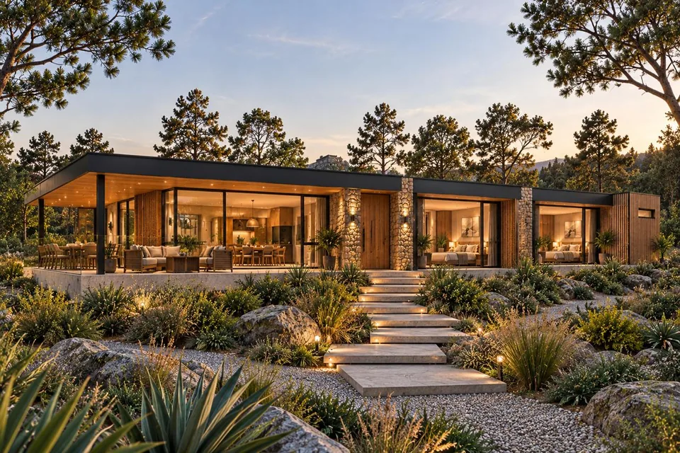 Casa de descanso de una planta con patio ajardinado y cubierta de madera.